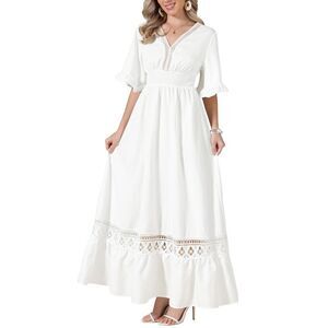 Women's Maxi Dress V Neck Short Sleeve Boho Wedding Flowy Dress White